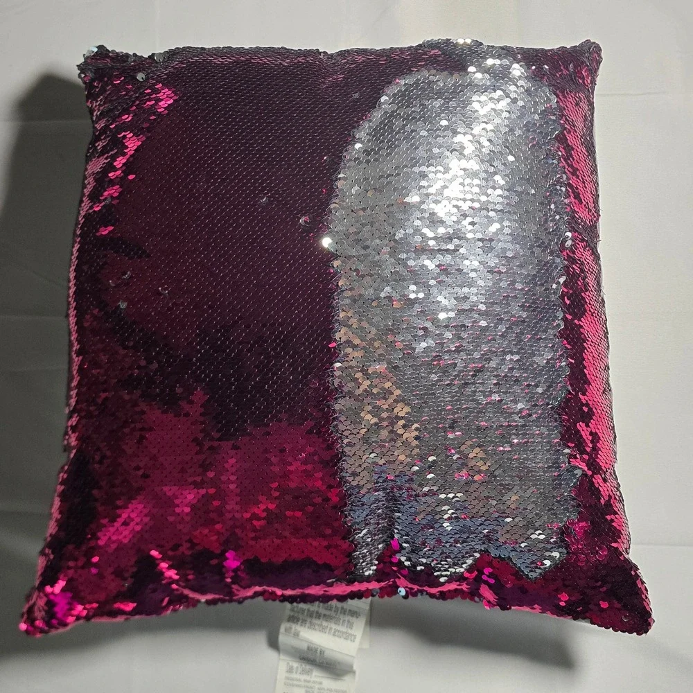 Magenta Pink and Silver Reversible Sequin Mermaid Throw Pillow 15x15 Square